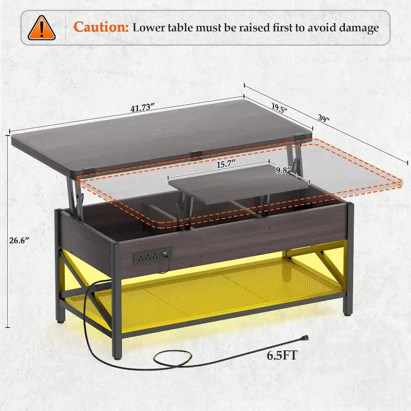Industrial Lift-Top Coffee Table with Storage, LED Lighting and USB