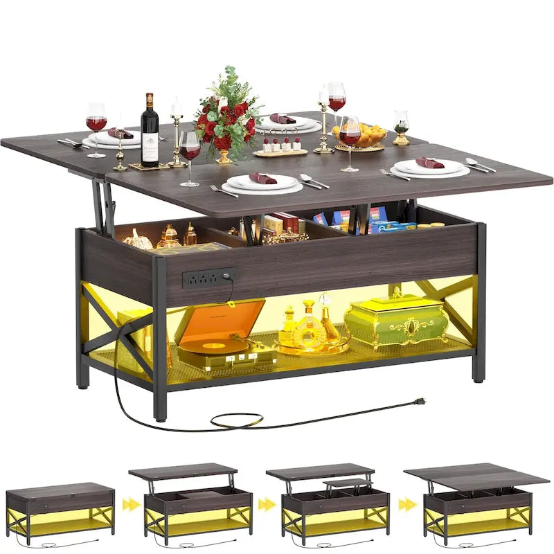 Industrial Lift-Top Coffee Table with Storage, LED Lighting and USB
