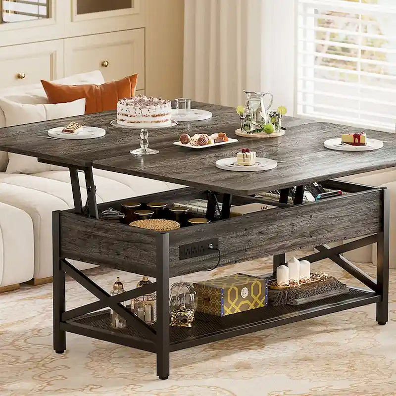 Industrial Lift-Top Coffee Table with Storage, LED Lighting and USB