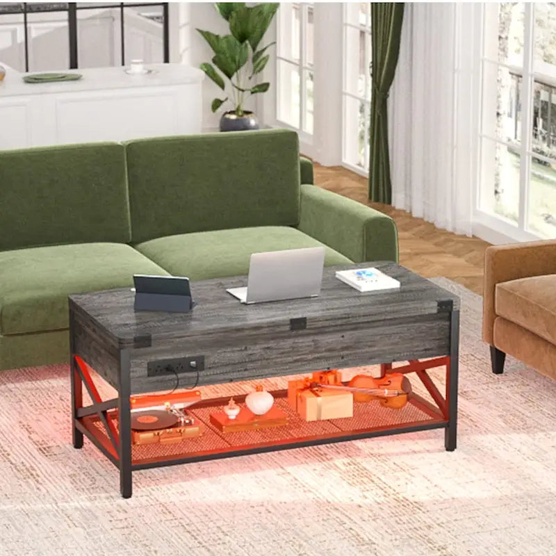 Industrial Lift-Top Coffee Table with Storage, LED Lighting and USB