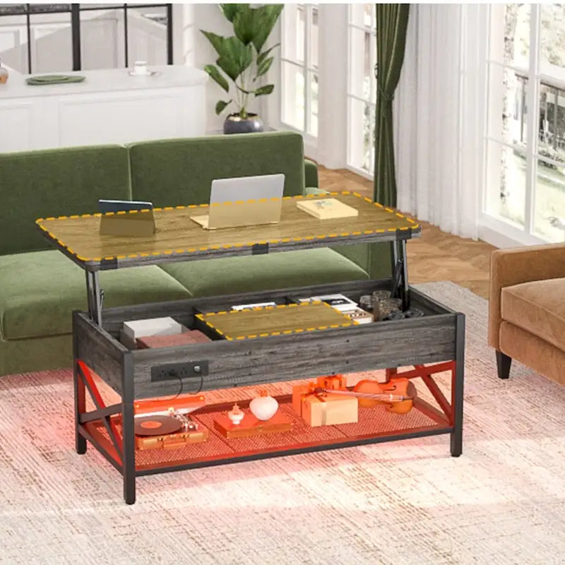 Industrial Lift-Top Coffee Table with Storage, LED Lighting and USB