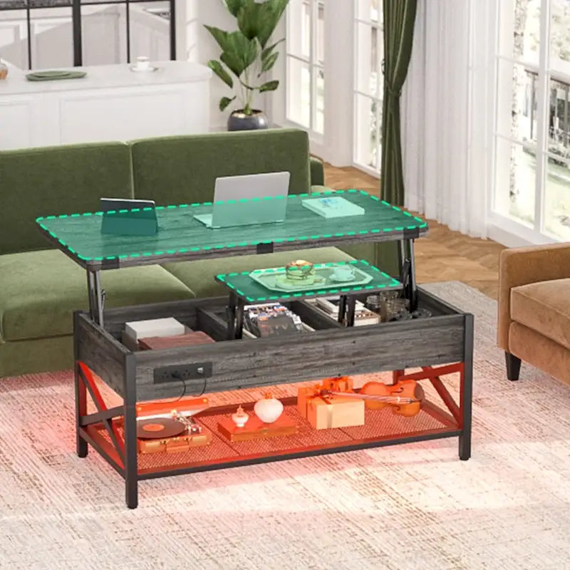 Industrial Lift-Top Coffee Table with Storage, LED Lighting and USB