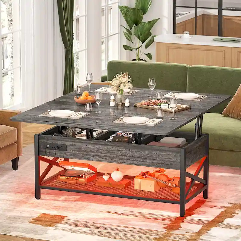 Industrial Lift-Top Coffee Table with Storage, LED Lighting and USB