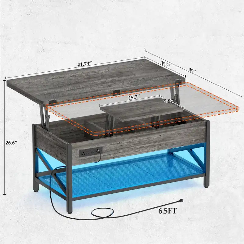 Industrial Lift-Top Coffee Table with Storage, LED Lighting and USB