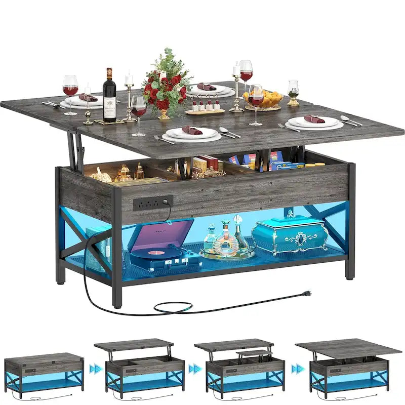 Industrial Lift-Top Coffee Table with Storage, LED Lighting and USB
