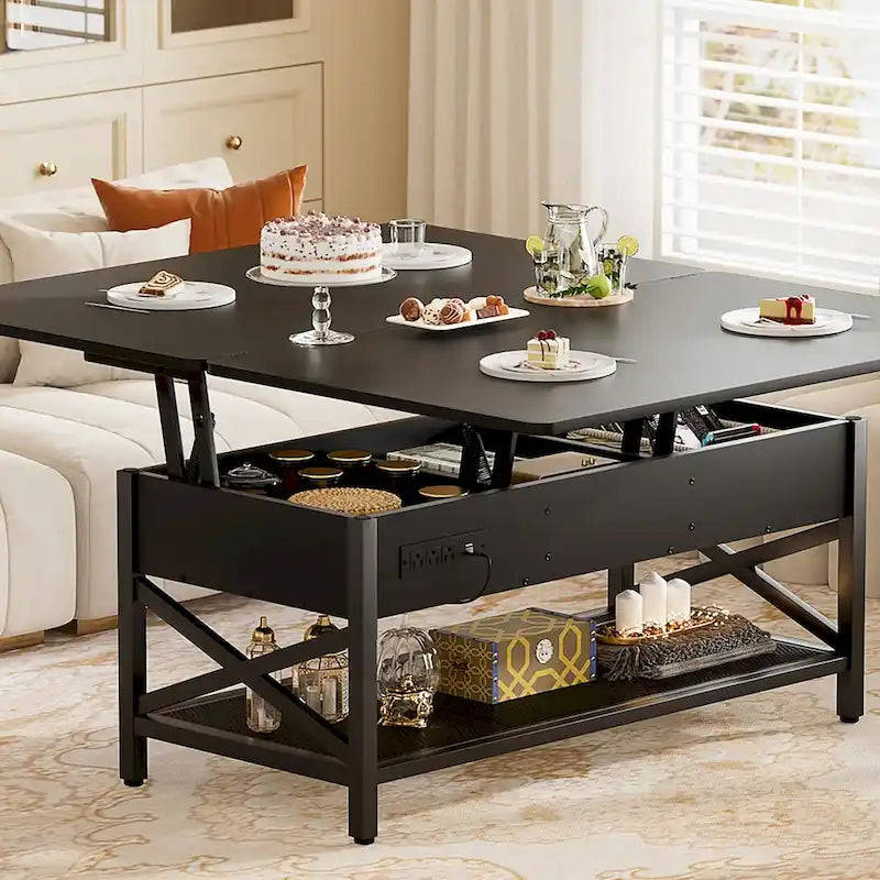 Industrial Lift-Top Coffee Table with Storage, LED Lighting and USB