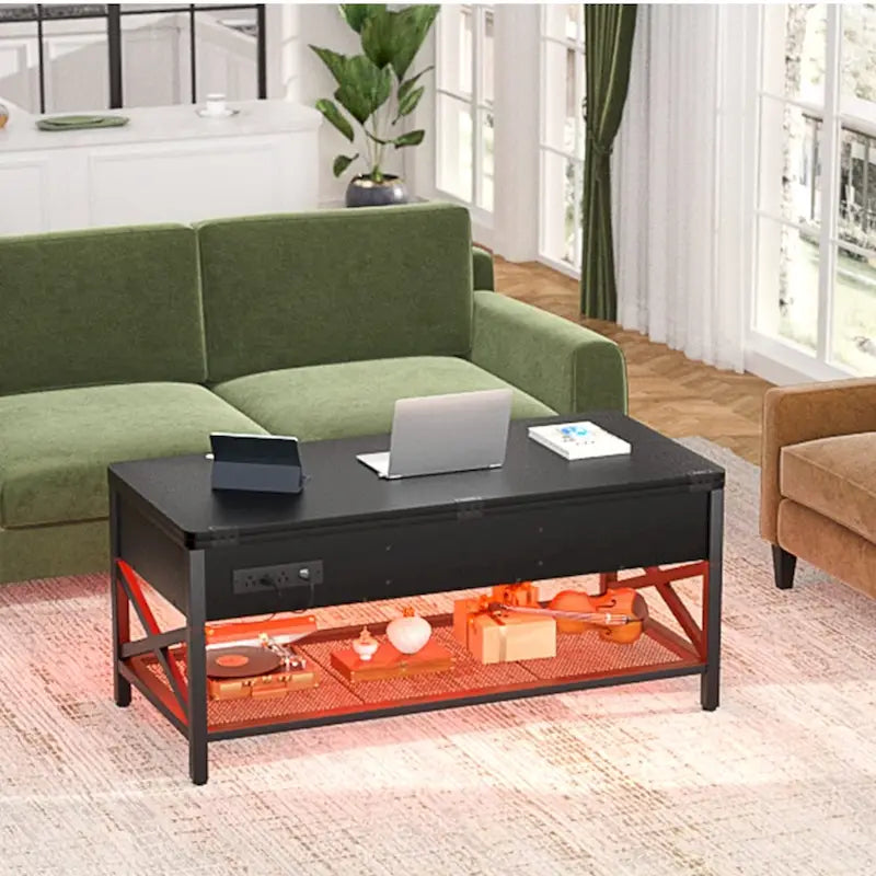 Industrial Lift-Top Coffee Table with Storage, LED Lighting and USB