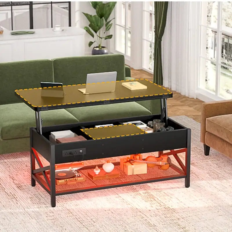 Industrial Lift-Top Coffee Table with Storage, LED Lighting and USB