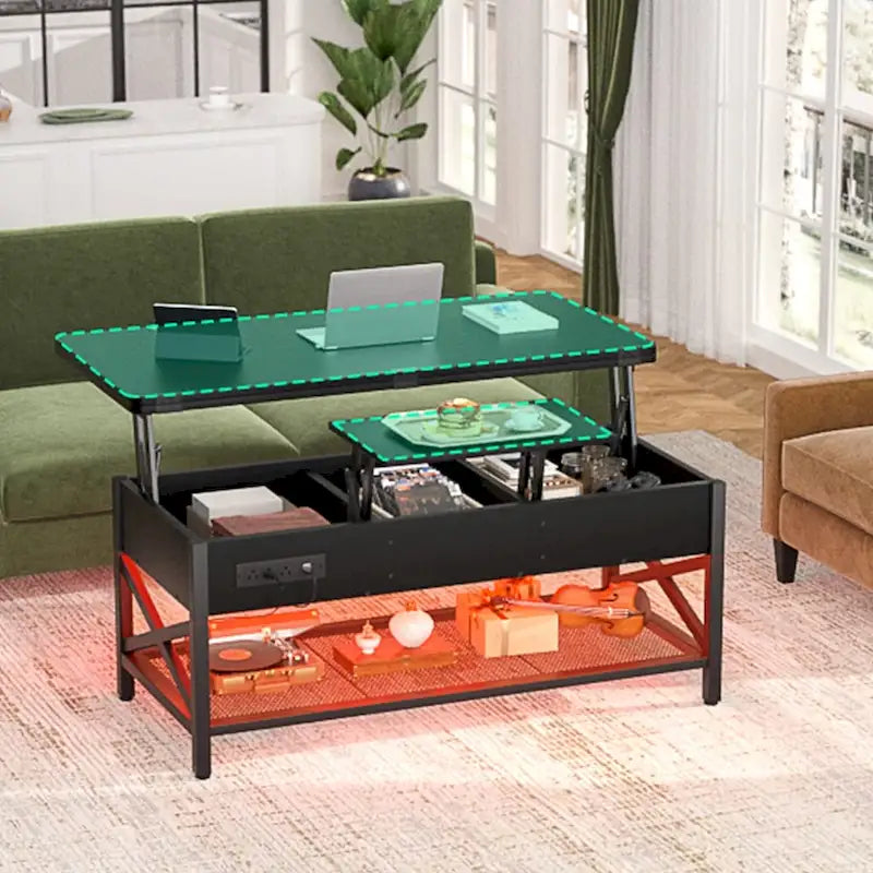 Industrial Lift-Top Coffee Table with Storage, LED Lighting and USB