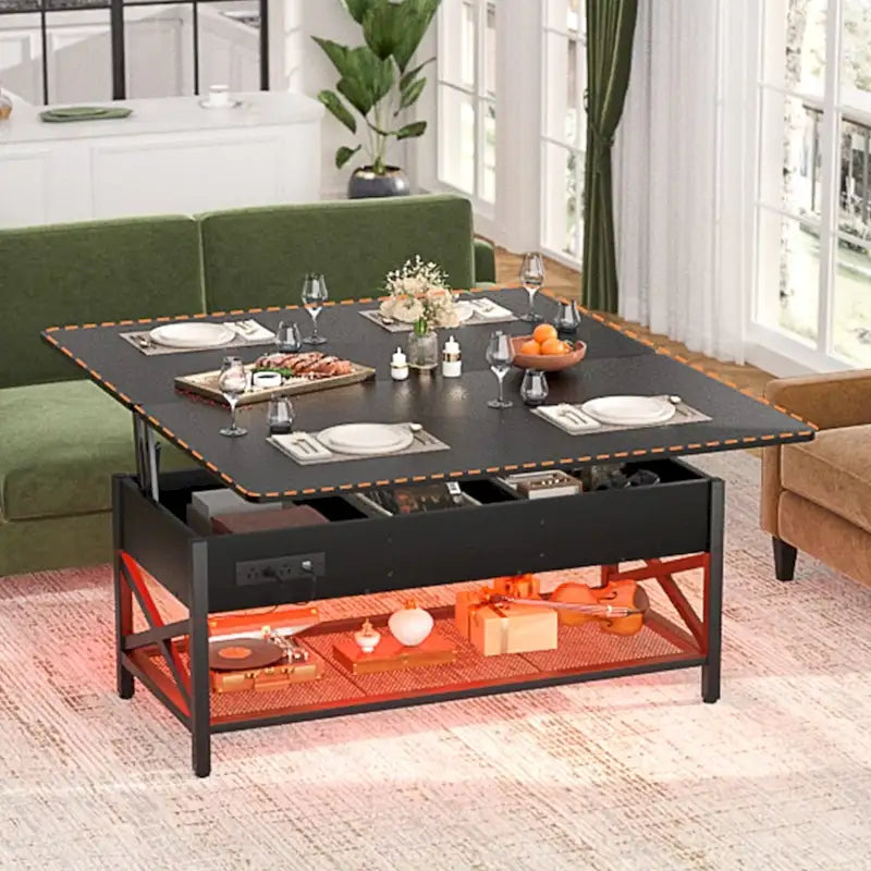 Industrial Lift-Top Coffee Table with Storage, LED Lighting and USB