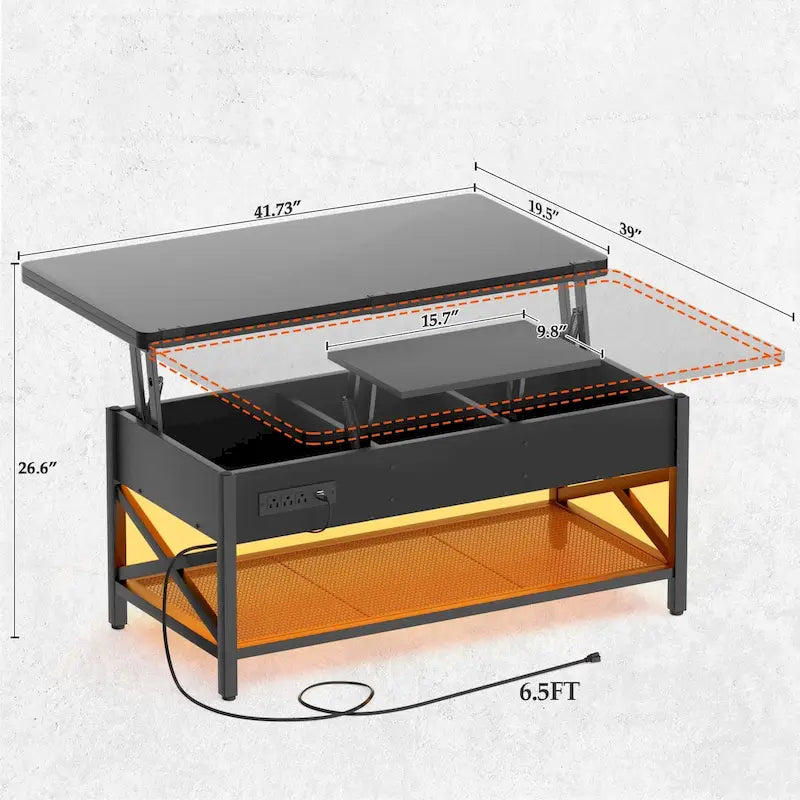 Industrial Lift-Top Coffee Table with Storage, LED Lighting and USB