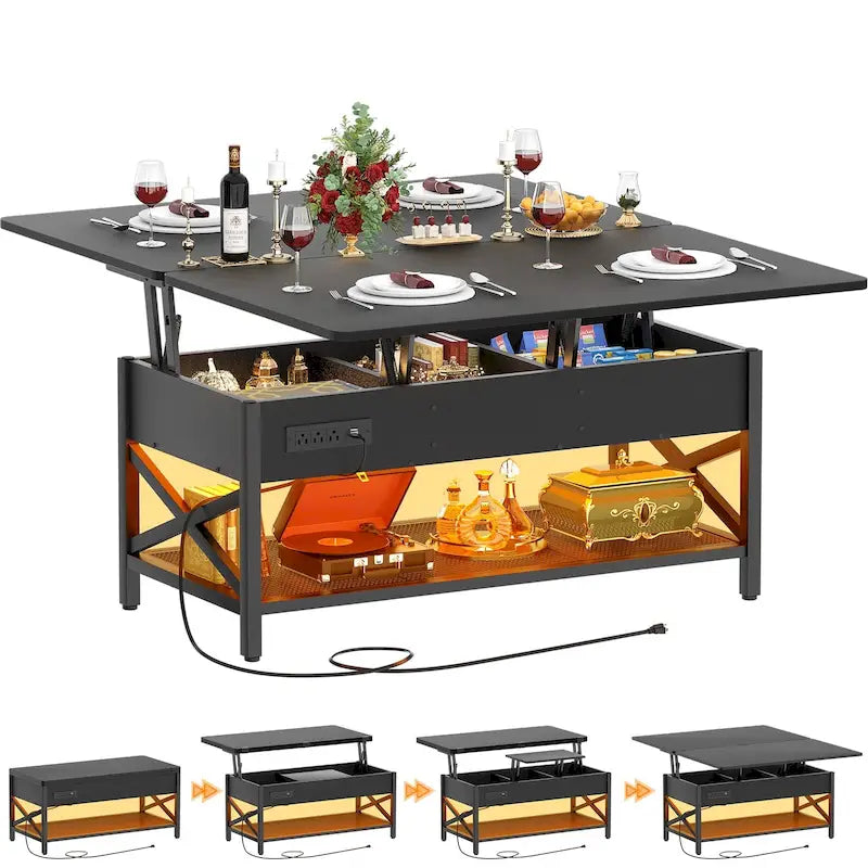Industrial Lift-Top Coffee Table with Storage, LED Lighting and USB