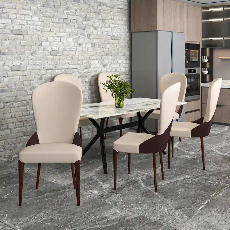 Modern Two-Tone Leather Upholstered Dining Chair with Solid Wood Legs