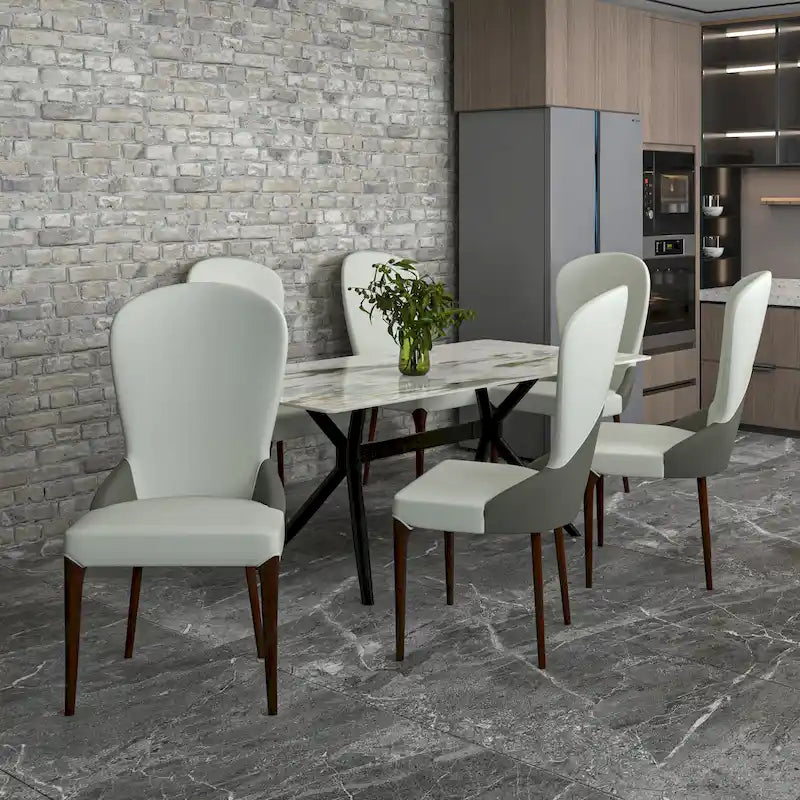 Modern Two-Tone Leather Upholstered Dining Chair with Solid Wood Legs