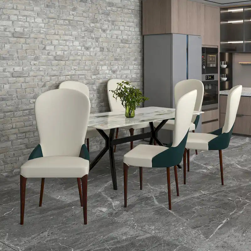 Modern Two-Tone Leather Upholstered Dining Chair with Solid Wood Legs