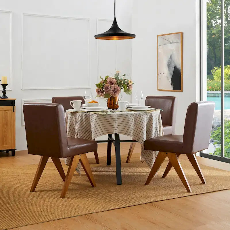 Mid-Century Faux Leather Upholstered Dining Chair with V-Shaped Wooden Legs