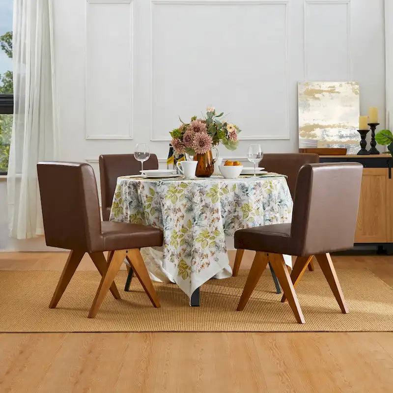 Mid-Century Faux Leather Upholstered Dining Chair with V-Shaped Wooden Legs
