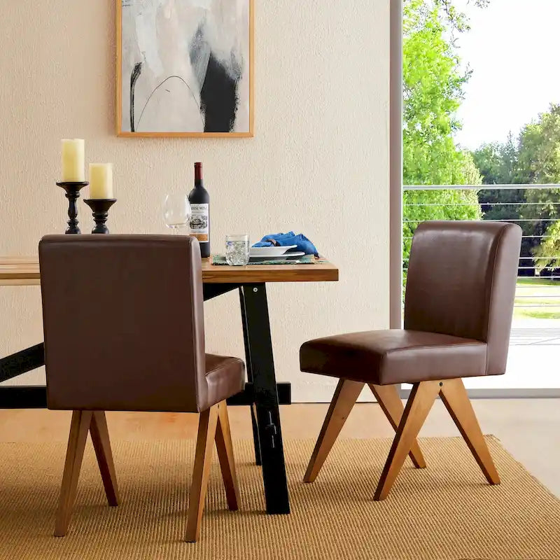 Mid-Century Faux Leather Upholstered Dining Chair with V-Shaped Wooden Legs