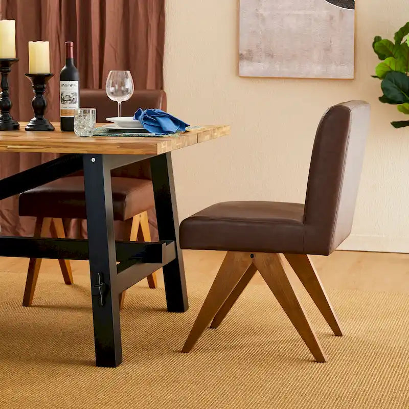 Mid-Century Faux Leather Upholstered Dining Chair with V-Shaped Wooden Legs