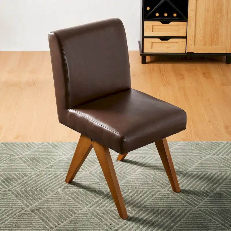 Mid-Century Faux Leather Upholstered Dining Chair with V-Shaped Wooden Legs