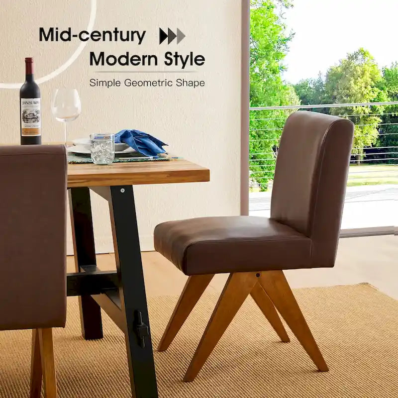 Mid-Century Faux Leather Upholstered Dining Chair with V-Shaped Wooden Legs