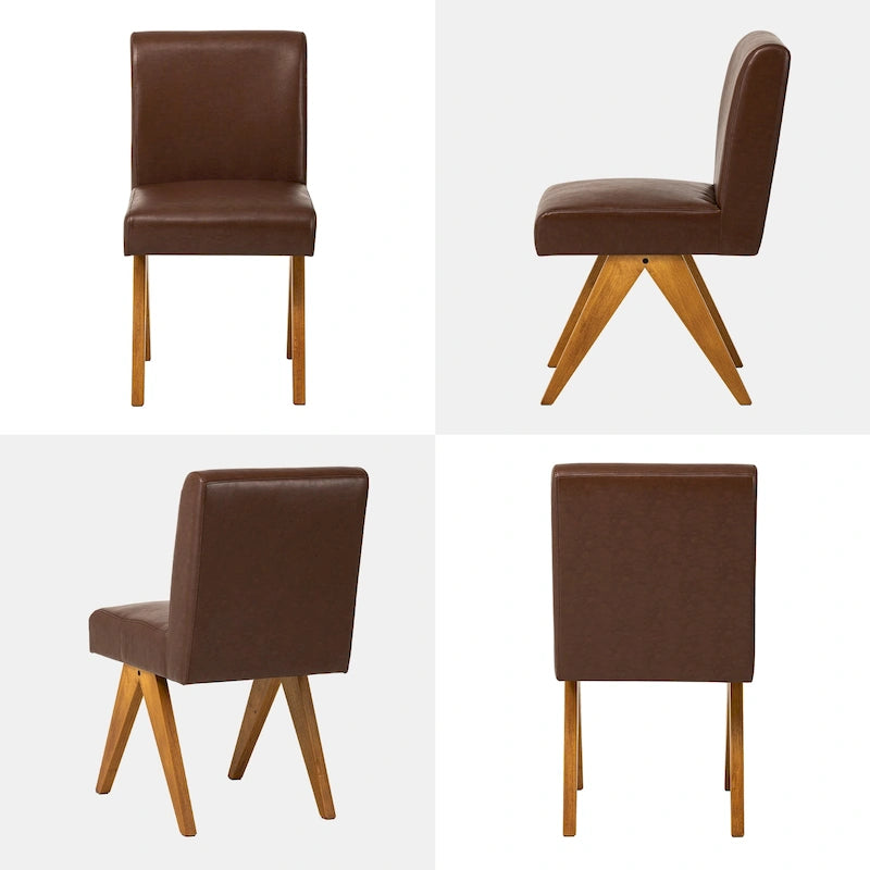 Mid-Century Faux Leather Upholstered Dining Chair with V-Shaped Wooden Legs