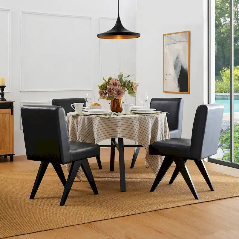 Mid-Century Faux Leather Upholstered Dining Chair with V-Shaped Wooden Legs
