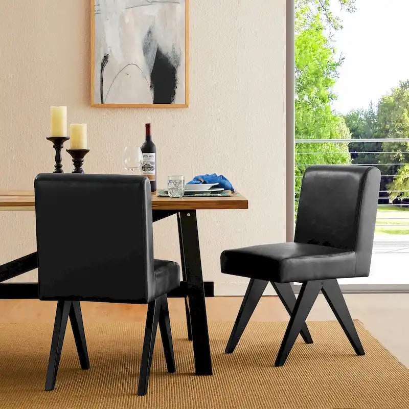 Mid-Century Faux Leather Upholstered Dining Chair with V-Shaped Wooden Legs
