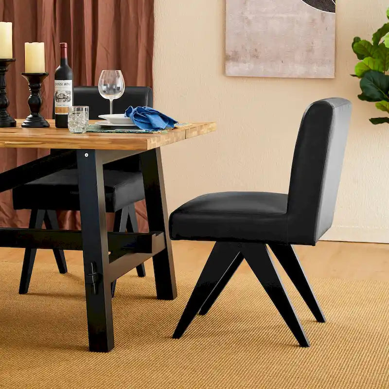 Mid-Century Faux Leather Upholstered Dining Chair with V-Shaped Wooden Legs