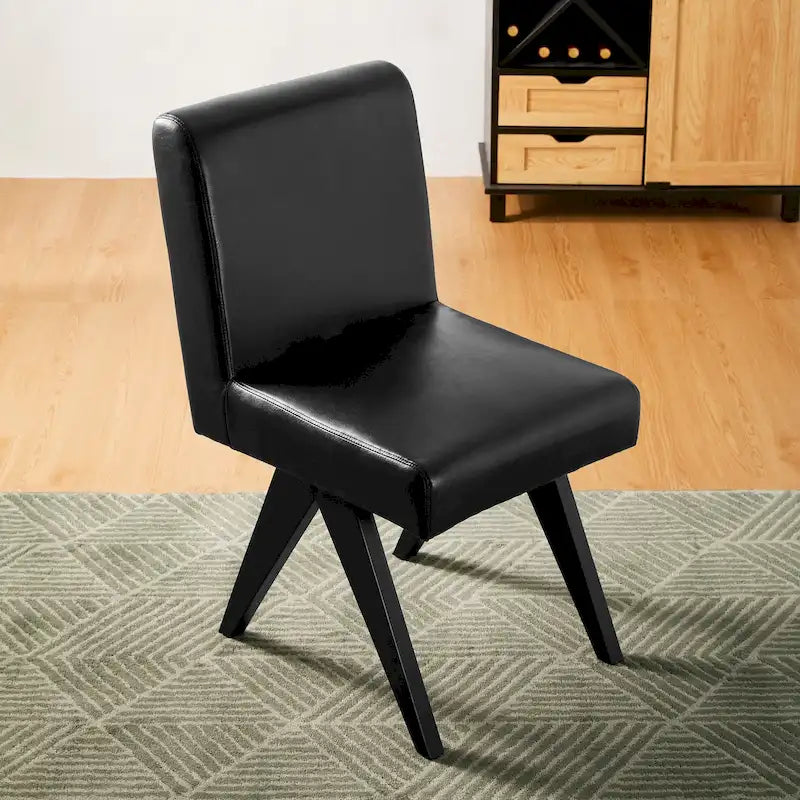 Mid-Century Faux Leather Upholstered Dining Chair with V-Shaped Wooden Legs