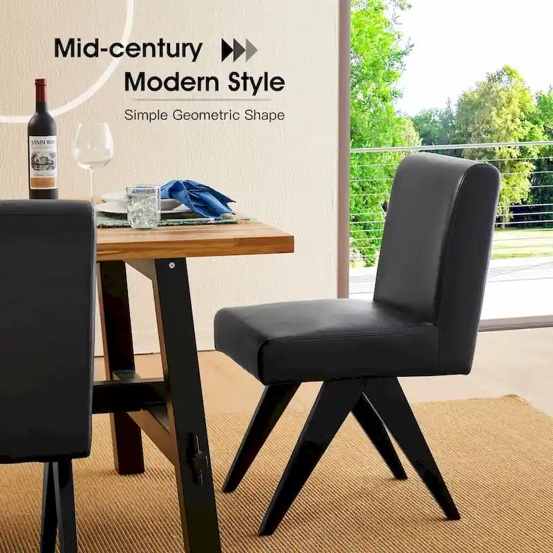 Mid-Century Faux Leather Upholstered Dining Chair with V-Shaped Wooden Legs