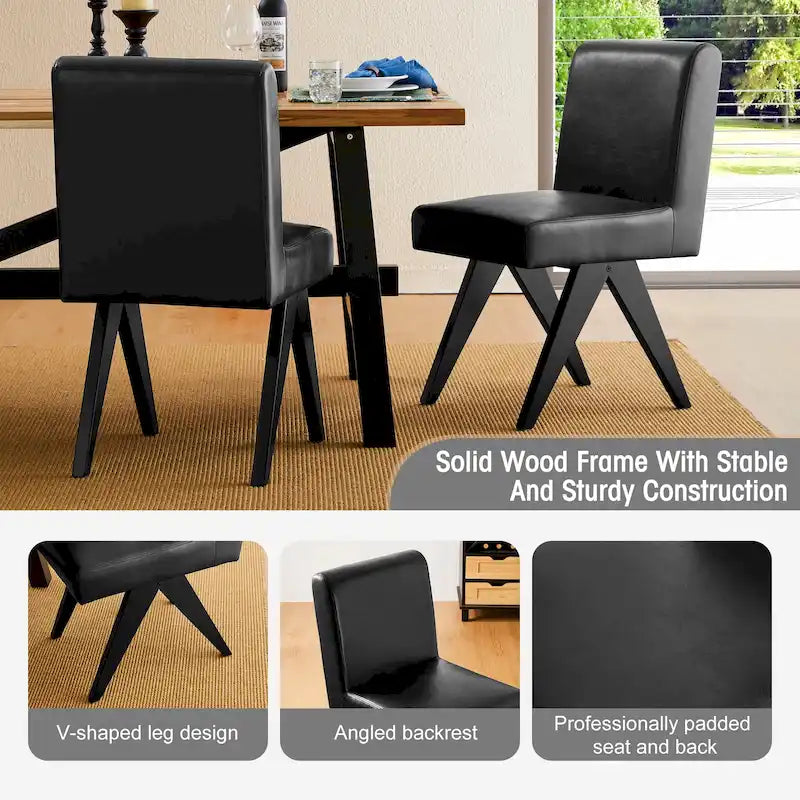 Mid-Century Faux Leather Upholstered Dining Chair with V-Shaped Wooden Legs
