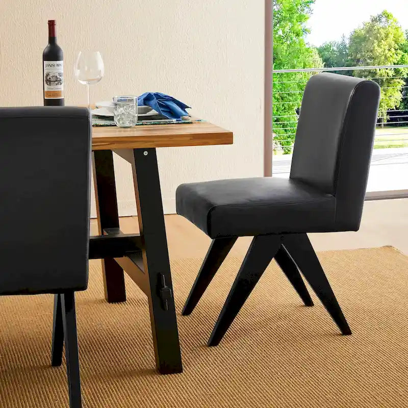 Mid-Century Faux Leather Upholstered Dining Chair with V-Shaped Wooden Legs
