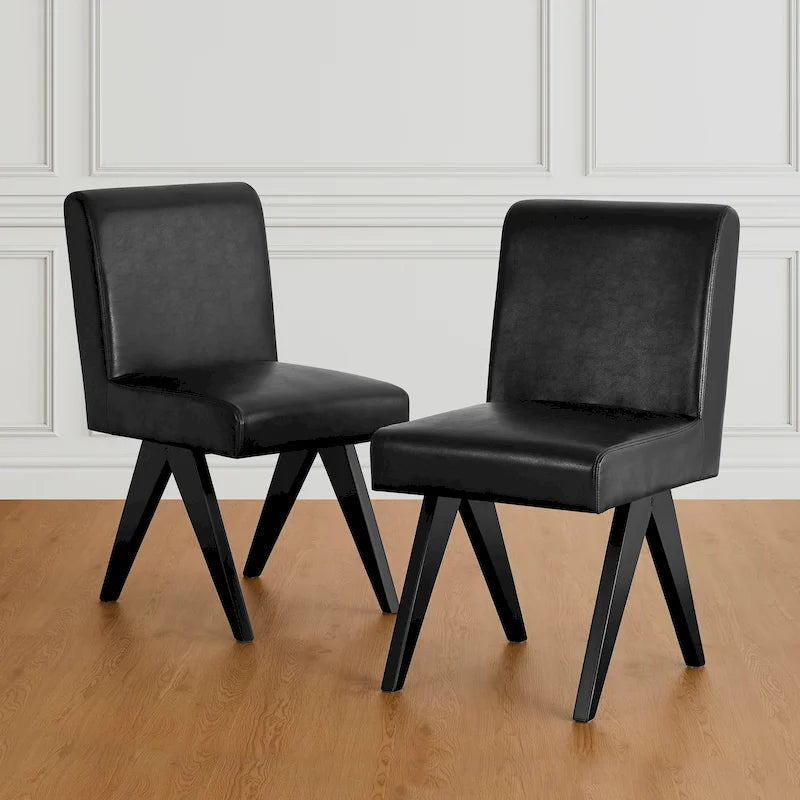 Mid-Century Faux Leather Upholstered Dining Chair with V-Shaped Wooden Legs