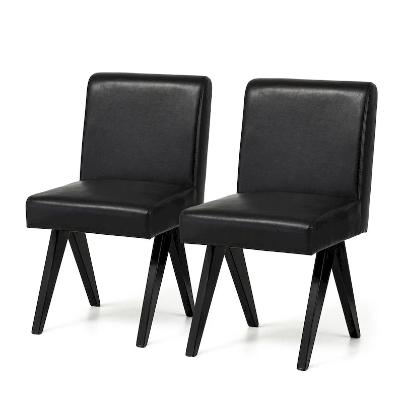 Mid-Century Faux Leather Upholstered Dining Chair with V-Shaped Wooden Legs