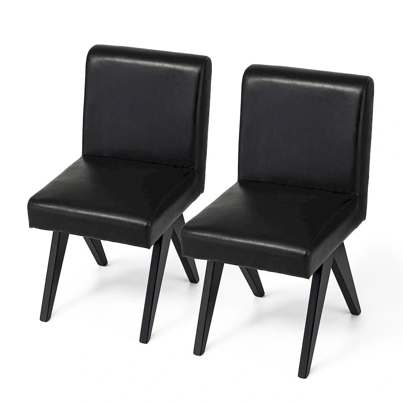 Mid-Century Faux Leather Upholstered Dining Chair with V-Shaped Wooden Legs