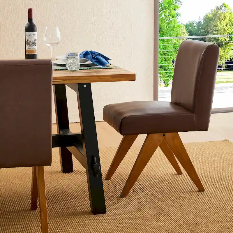 Mid-Century Faux Leather Upholstered Dining Chair with V-Shaped Wooden Legs