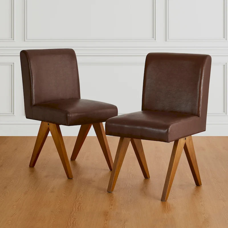 Mid-Century Faux Leather Upholstered Dining Chair with V-Shaped Wooden Legs