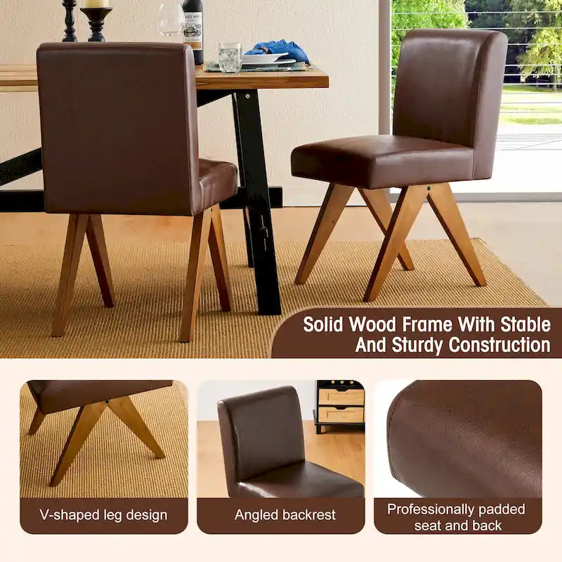Mid-Century Faux Leather Upholstered Dining Chair with V-Shaped Wooden Legs