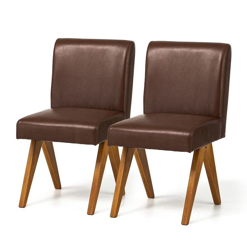 Mid-Century Faux Leather Upholstered Dining Chair with V-Shaped Wooden Legs