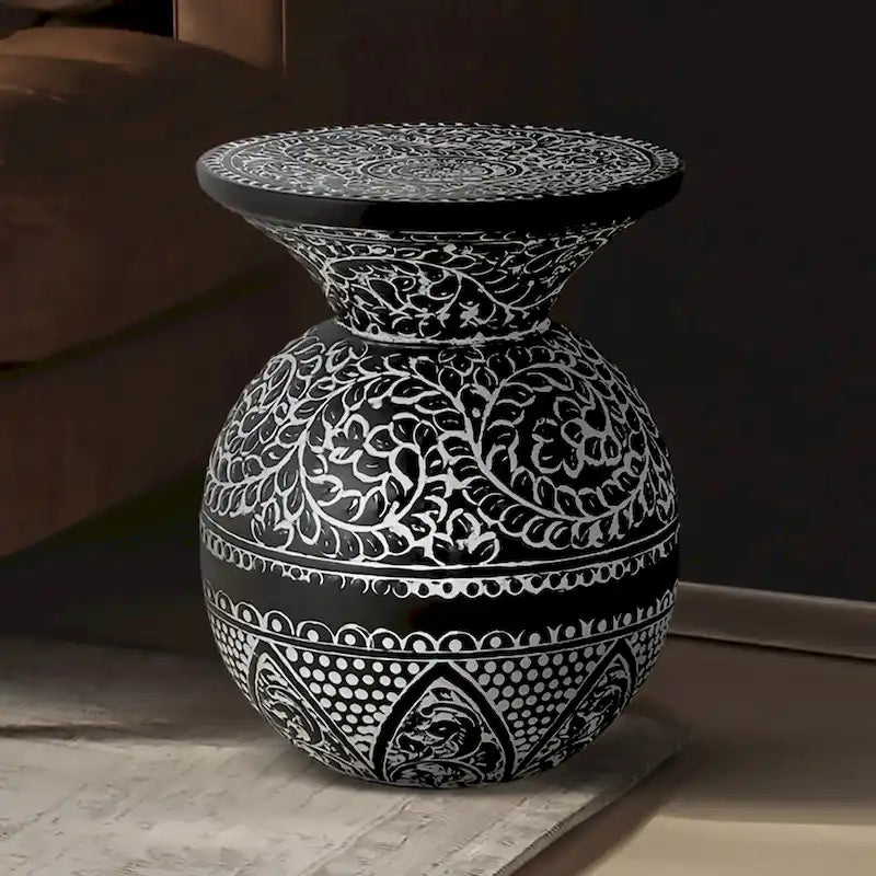 Black and White Floral Round Iron Pedestal Accent Side Table