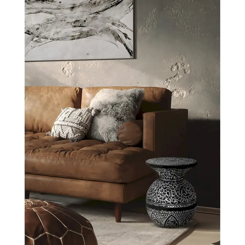 Black and White Floral Round Iron Pedestal Accent Side Table
