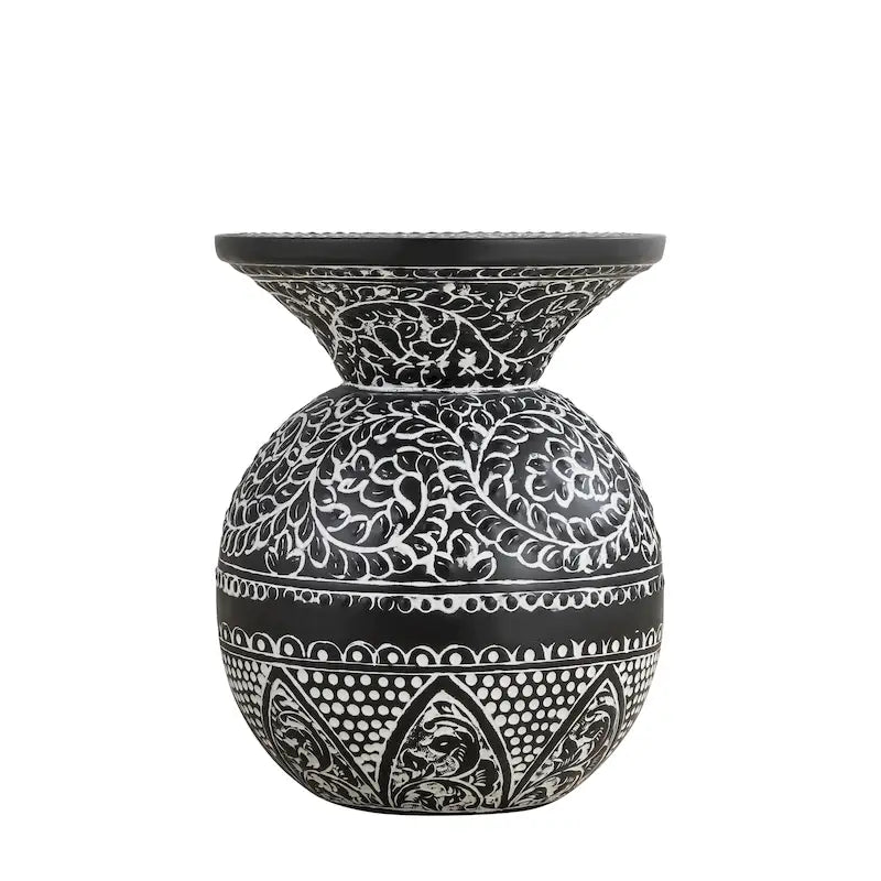 Black and White Floral Round Iron Pedestal Accent Side Table