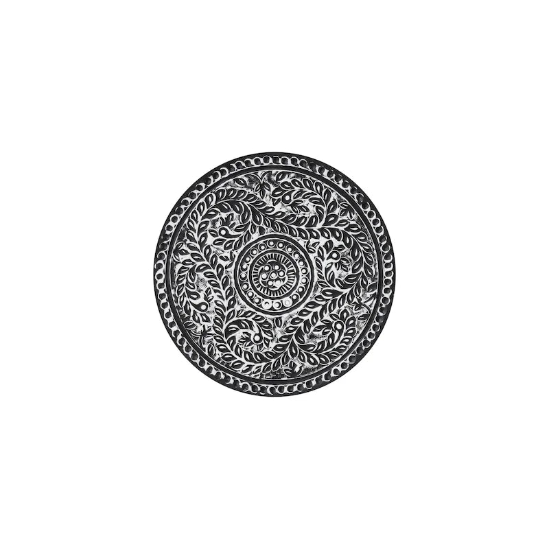 Black and White Floral Round Iron Pedestal Accent Side Table