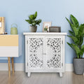 Antique White Farmhouse Storage Cabinet with Decorative Carved Double Doors
