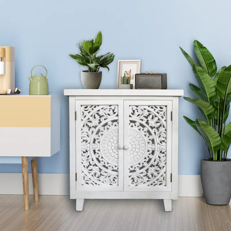 Antique White Farmhouse Storage Cabinet with Decorative Carved Double Doors