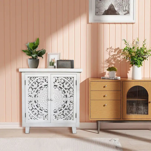 Antique White Farmhouse Storage Cabinet with Decorative Carved Double Doors