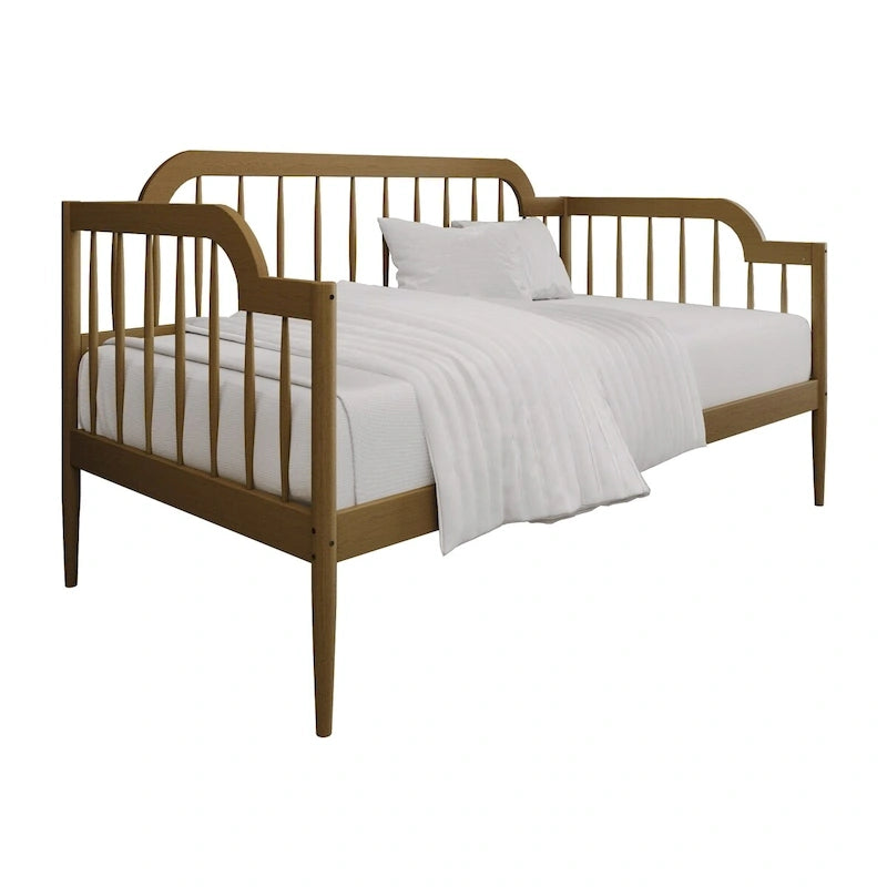 Classic Wooden Spindle Daybed with Curved Back and Warm Finishes