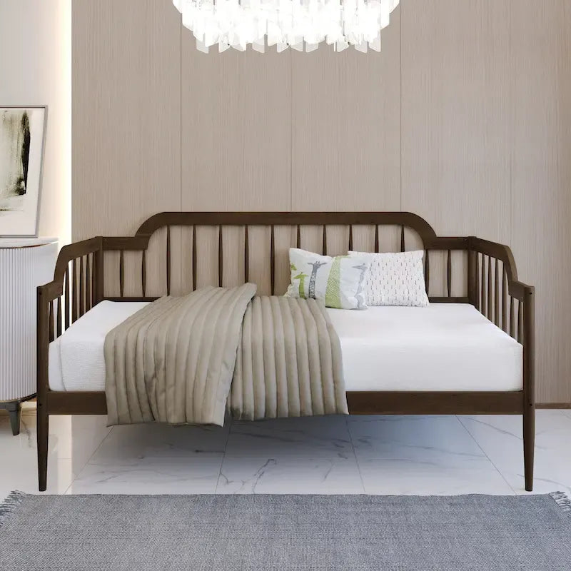 Classic Wooden Spindle Daybed with Curved Back and Warm Finishes