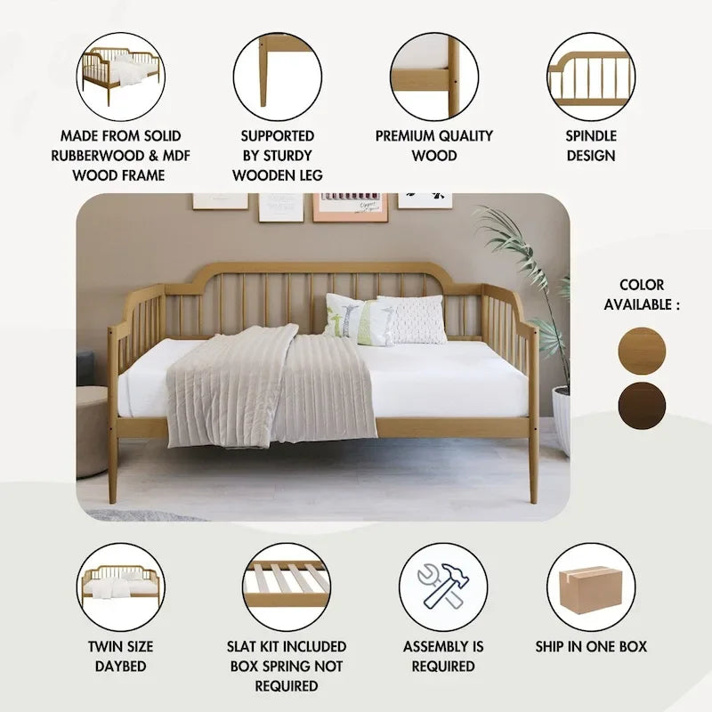 Classic Wooden Spindle Daybed with Curved Back and Warm Finishes